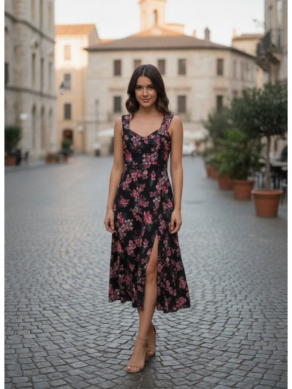 Black Floral Midi Dress with Side Slit